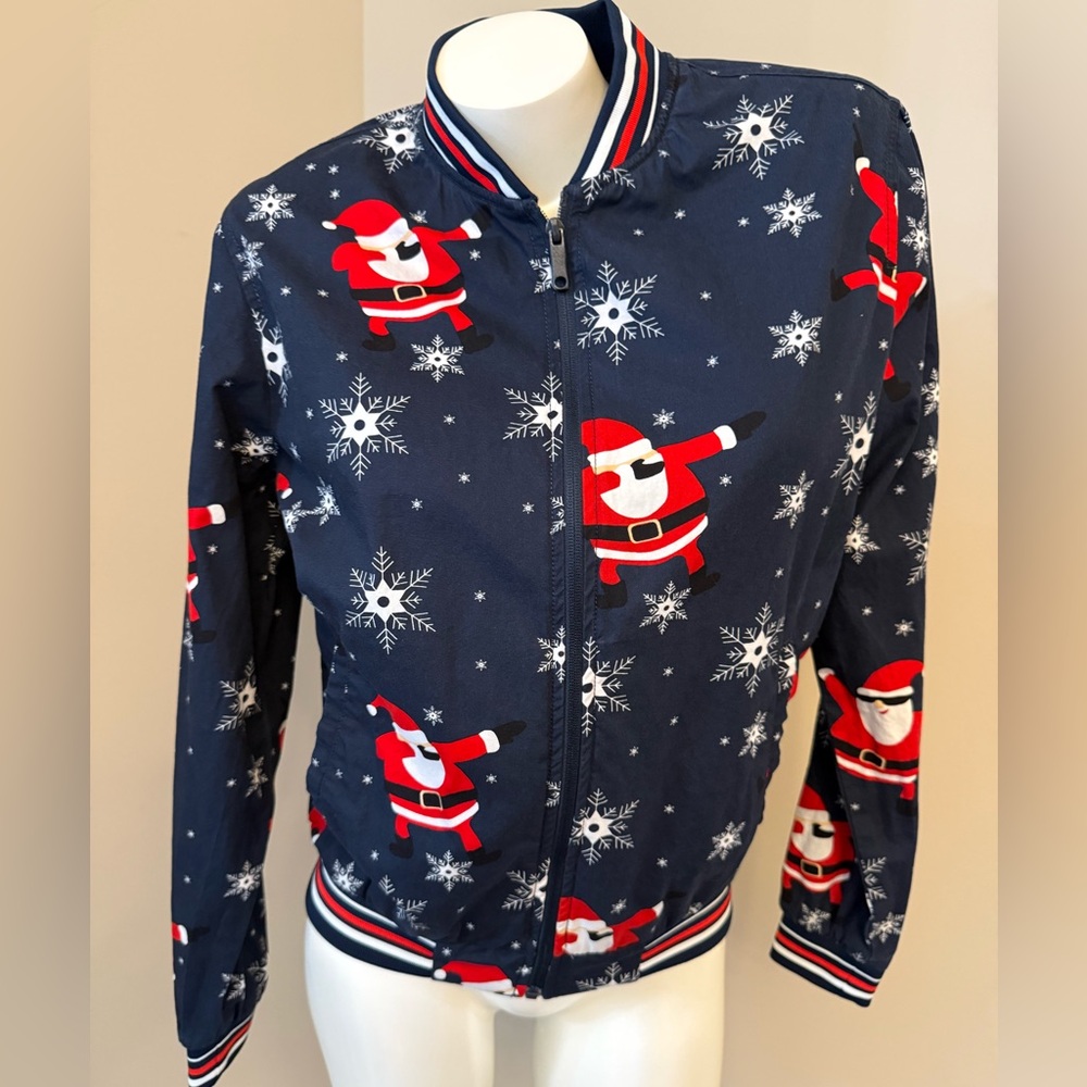 Denim And Flowers Ricky Singh Sz M Navy Dabbing Santa Zip bomber jacket 🎅🏽